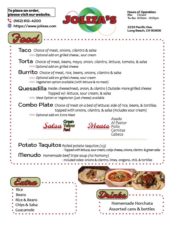 Joliza's Tacos Menu